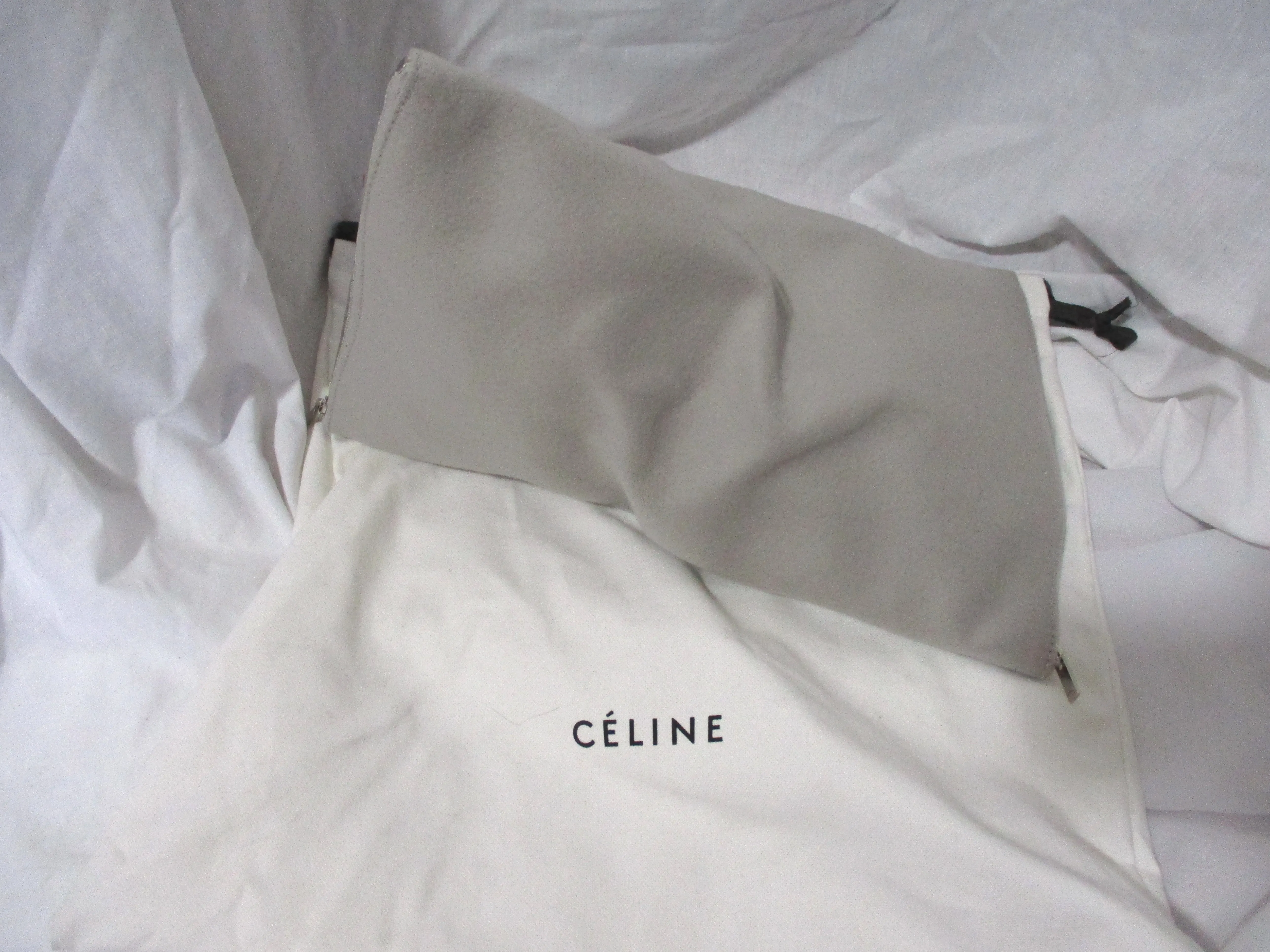New CELINE DOUBLE ZIPPER Clutch Bag Purse GRAY Fabric