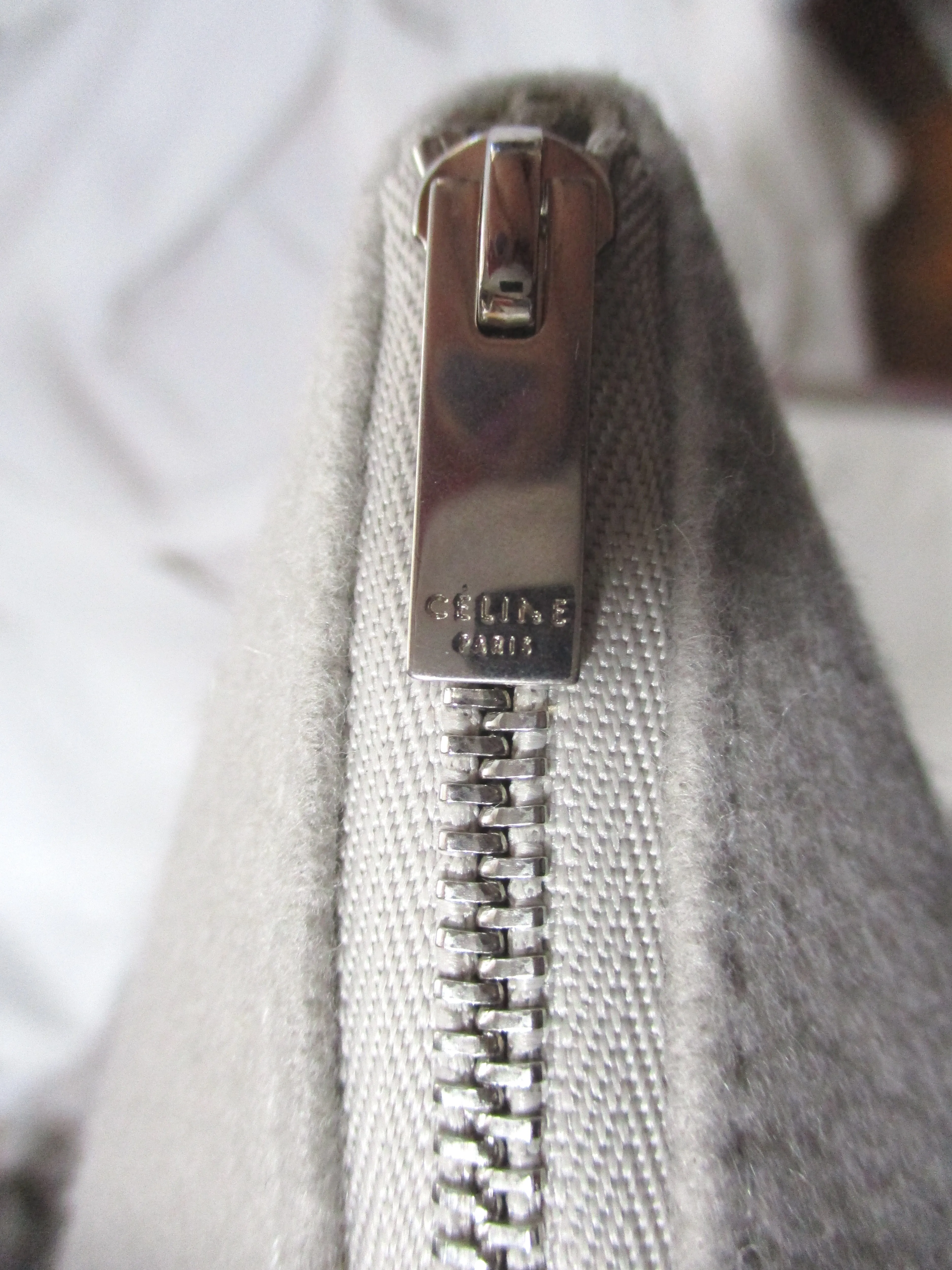 New CELINE DOUBLE ZIPPER Clutch Bag Purse GRAY Fabric