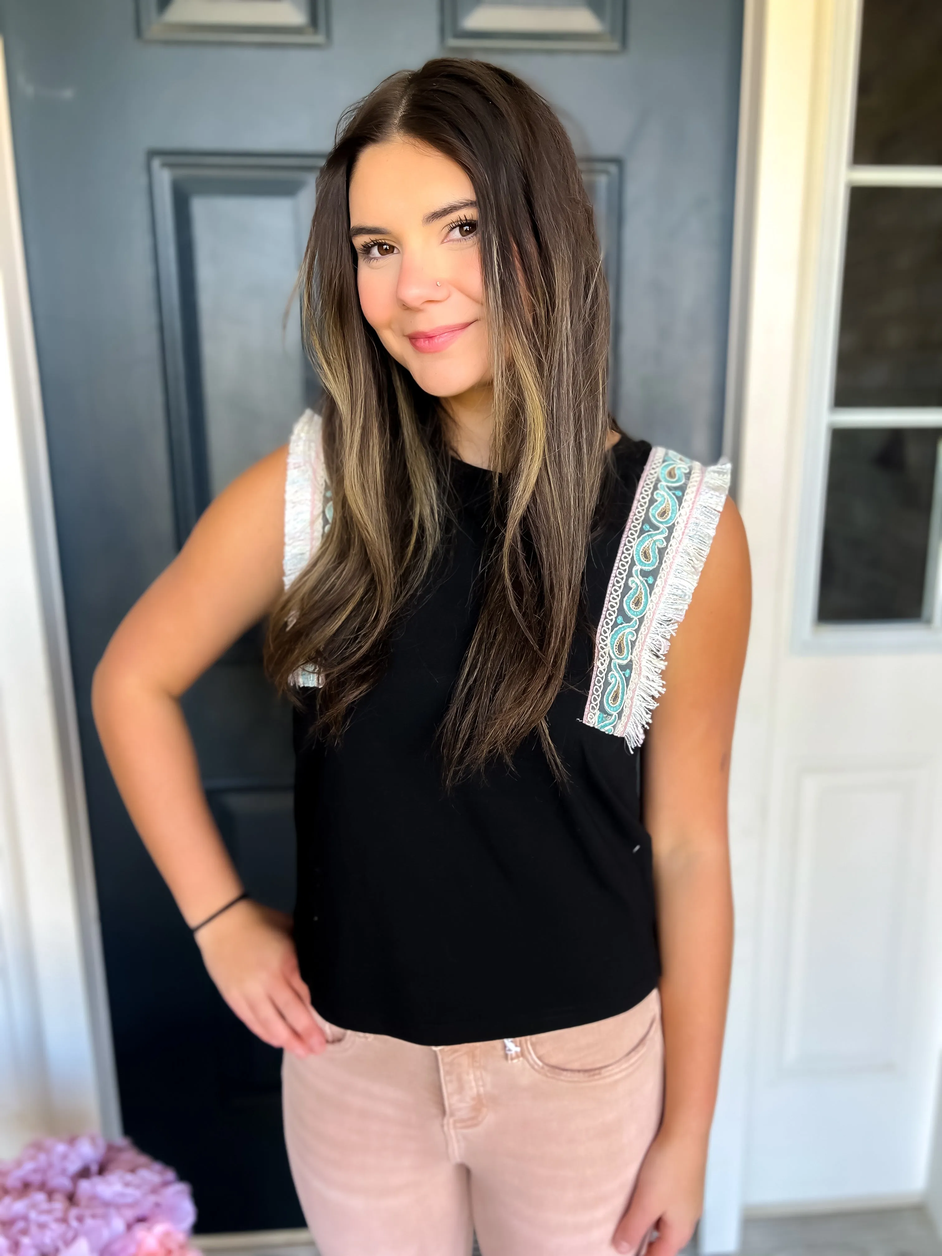 Shay Black Fringed Sleeveless Top