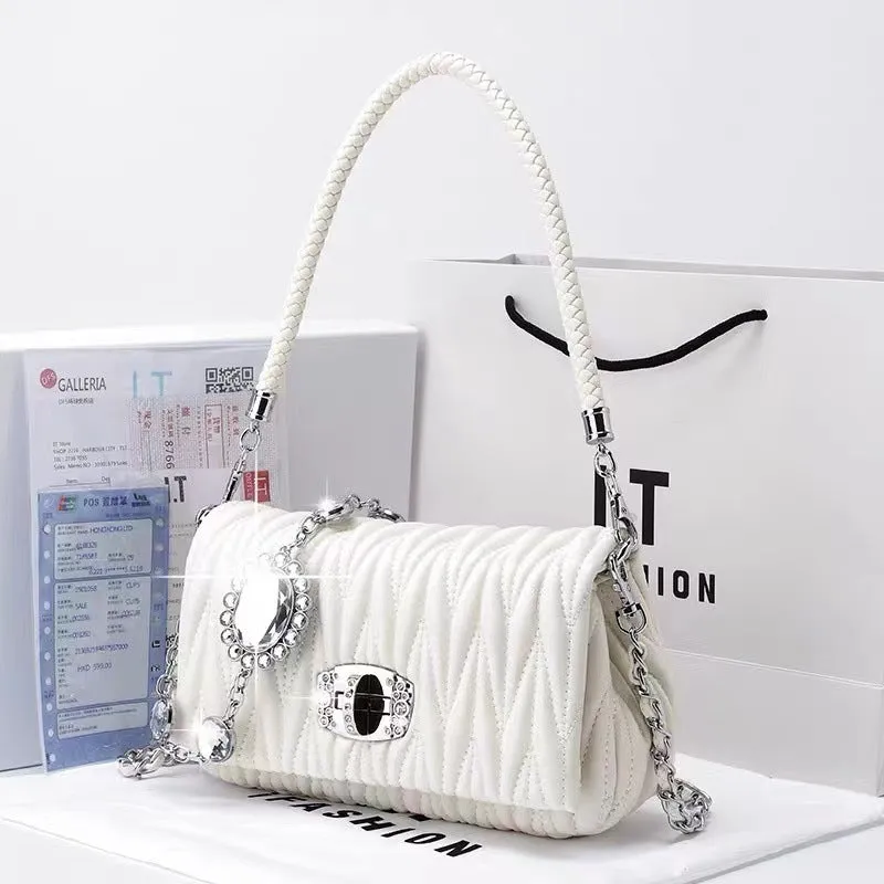 Wholesale Fashionable Versatile Soft Leather Rhinestone Chain Pleated Bag