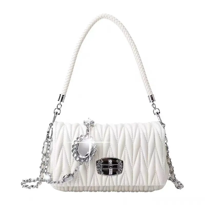 Wholesale Fashionable Versatile Soft Leather Rhinestone Chain Pleated Bag