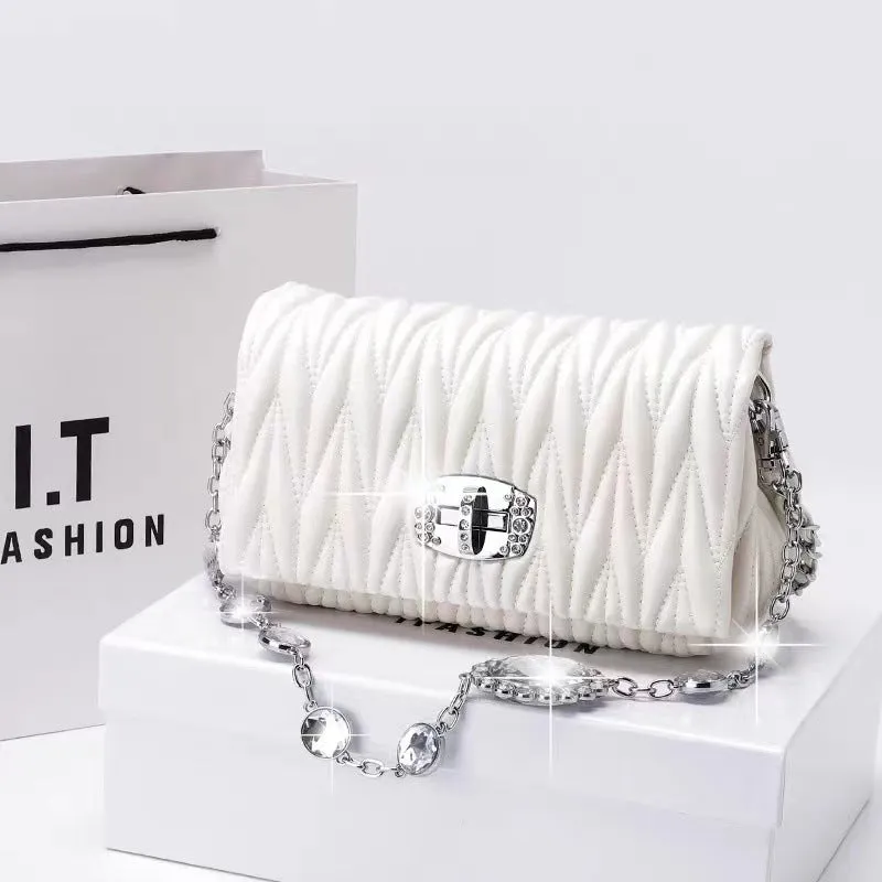 Wholesale Fashionable Versatile Soft Leather Rhinestone Chain Pleated Bag