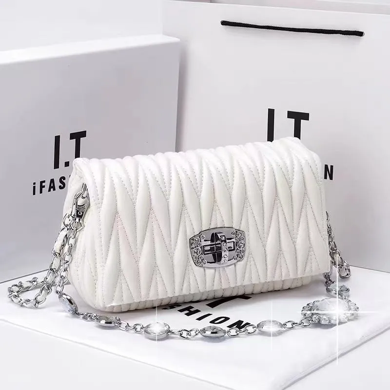 Wholesale Fashionable Versatile Soft Leather Rhinestone Chain Pleated Bag