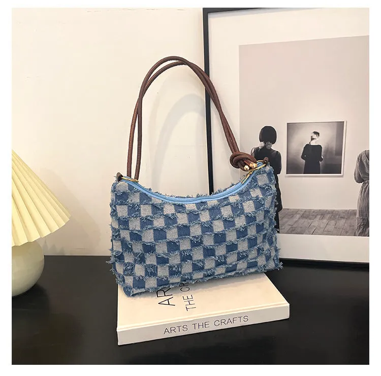 Wholesale High-end Fashion Plaid Denim Large Capacity Canvas Casual Shoulder Bags