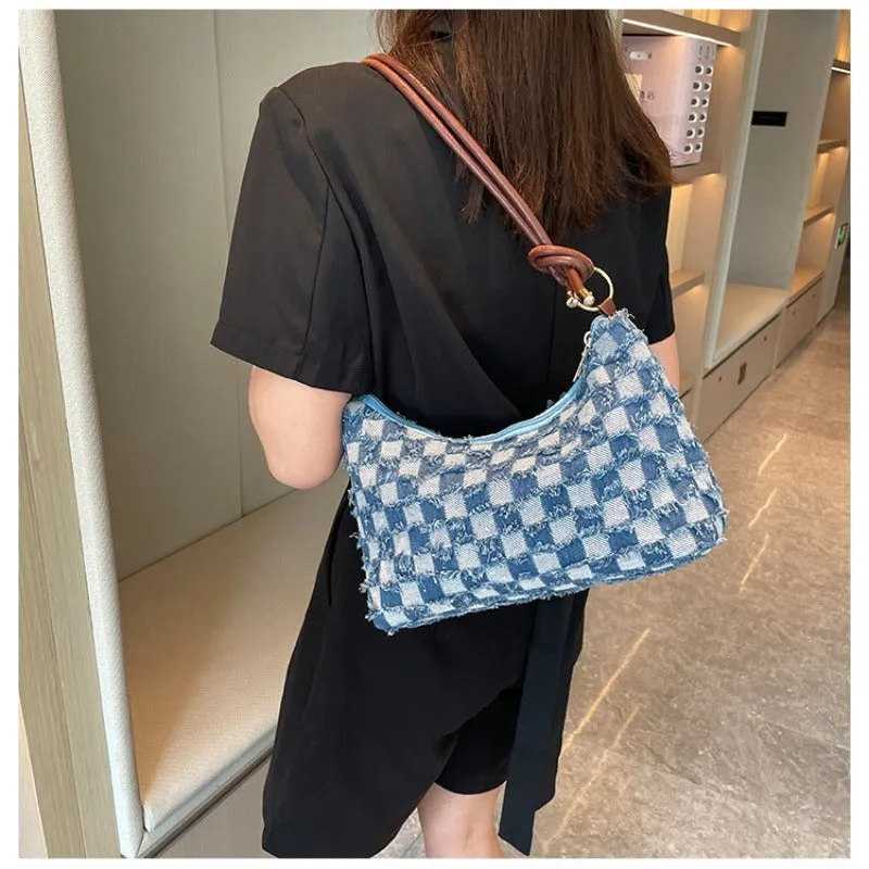 Wholesale High-end Fashion Plaid Denim Large Capacity Canvas Casual Shoulder Bags